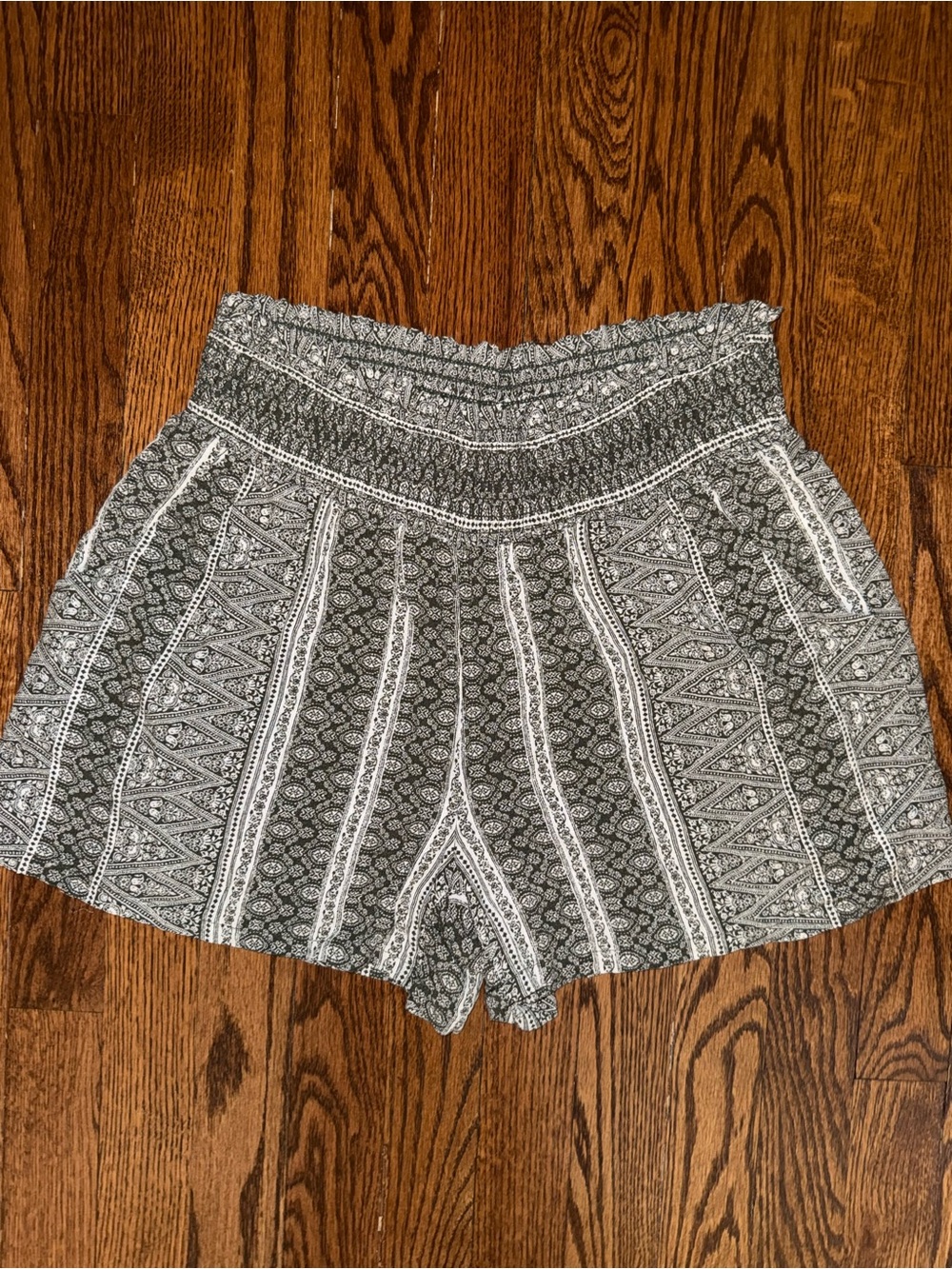 Kingston Black and White Boho Smocked-Waist Athletic Shorts
